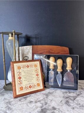 Vintage Cottage Decor Lot Brass Hourglass Gaelic Blessing Cheese Knives Board
